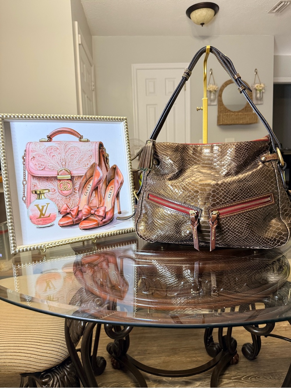 Dooney & Bourke Brown Snakeskin-Effect Leather Shoulder Bag with Red Trim